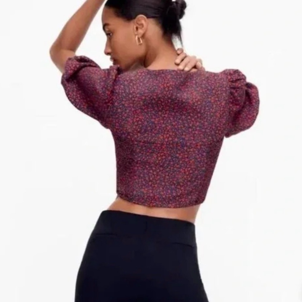 NWOT Zara Red and Black Floral Puff Sleeve Sweetheart Crop Top Side Smocked Sz M - Picture 2 of 7